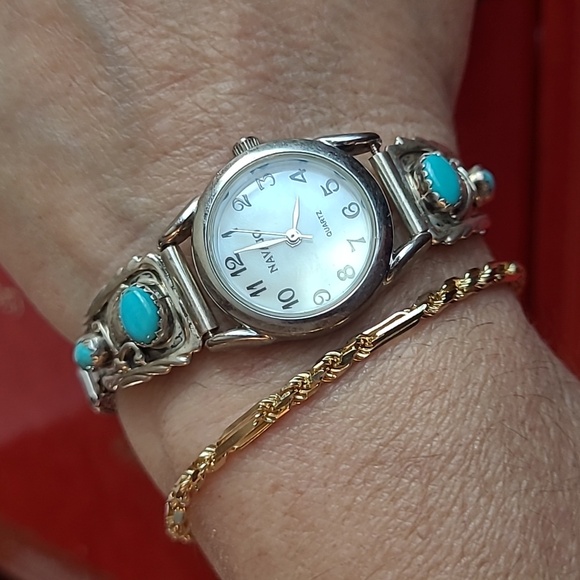 Silver and Turquoise Women\'s Watch Navajo Signed Wrist Watch